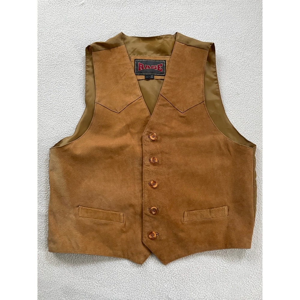 Rage Mens Large Vest Brown Genuine Suede Leather Western Cowboy V-Neck Button Up